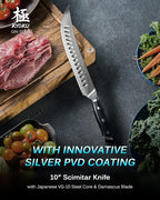 KYOKU 10" Scimitar Knife, Gin Series Cimitar Breaking Knife with Silver PVD Coating Damascus Blade, Japanese VG10 Stainless Steel Butcher Knife, Full Tang Brisket Kitchen Knife with Sheath & Case