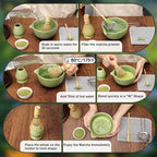 Ceramic Matcha Whisk Set 7 PCS Matcha Set Large Matcha Bowl, Matcha Whisk and Holder, Bamboo Scoop and Scoop Rest, Stainless Sifter and Tea Towel, Matcha Kit for Matcha Tea Ceremony Green