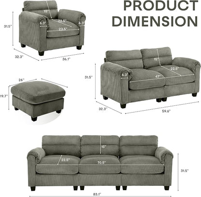 HAOMARKETS Corduroy Sofa Set, Upholstered Ottoman, and 3-Seater Couch - Image 2