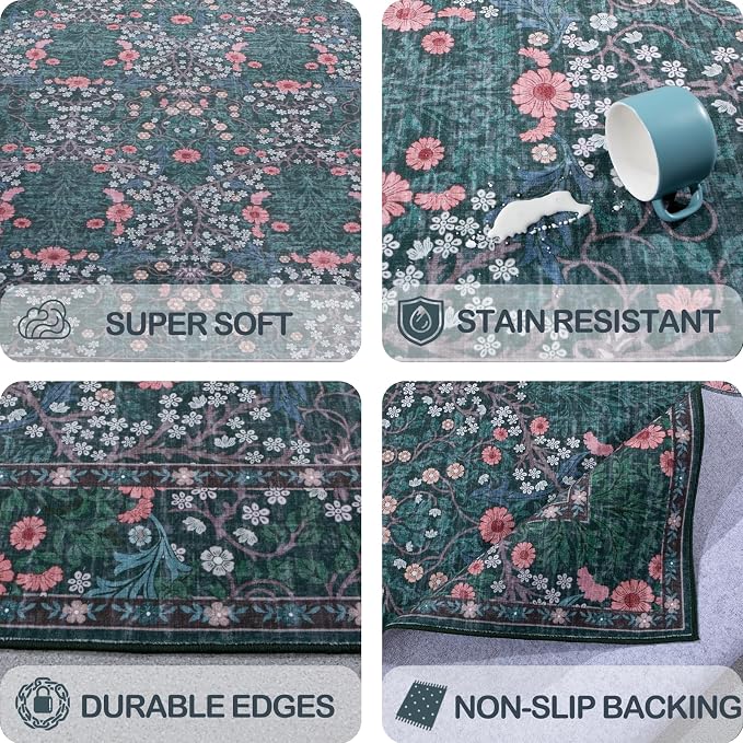 Vintage Green Living Room Rug, 9x12 Washable Area Rugs - Image 7
