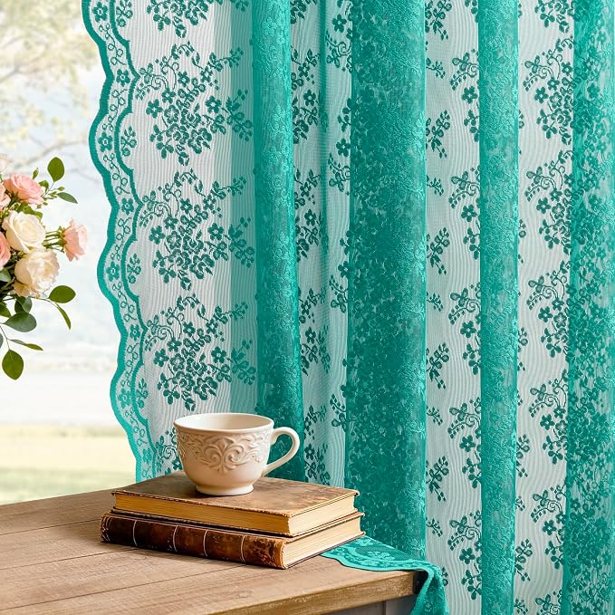YJ YANJUN Vintage Lace Curtains 63 Inch Length Victorian Floral Teal Sheer by YJYANJUN