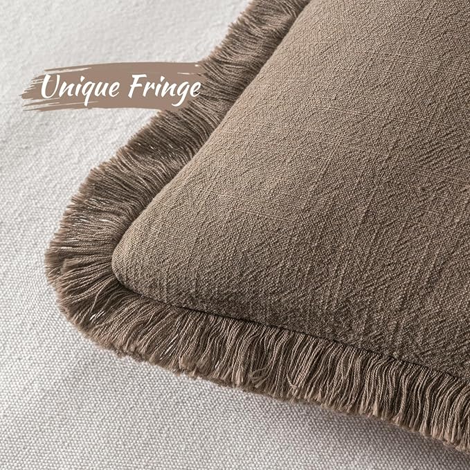 MIULEE Linen Fringe Decorative Fall Throw Pillow Covers Cocoa Brown 20x20 | Set - Image 3