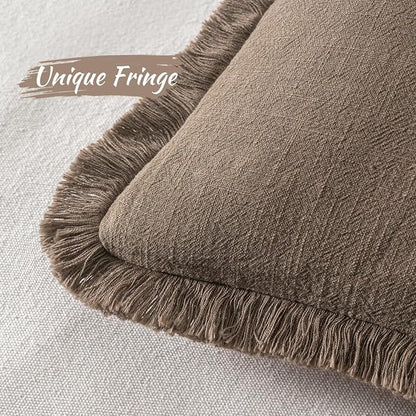 MIULEE Linen Fringe Decorative Fall Throw Pillow Covers Cocoa Brown 20x20 | Set - Image 3