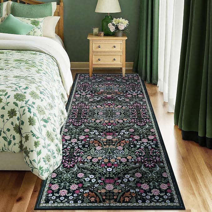 PLHXFR 2x5 Washable Runner Rug：Floral Indoor Kitchen Carpet Dark Green | - Image 2
