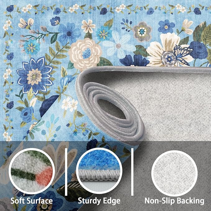 Blue Garden Floral Hallway Runner Rug 2x5for Bedroom Kitchen | Rubber Backing; - Image 7