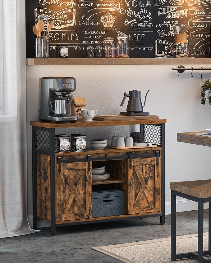 VASAGLE Buffet Cabinet, Coffee Bar Storage Cabinet, Sideboard with 2 Sliding Barn Doors, Adjustable Shelves, 13 x 39.4 x 31.5 Inches, for Living Room, Rustic Brown and Ink Black ULSC092B01