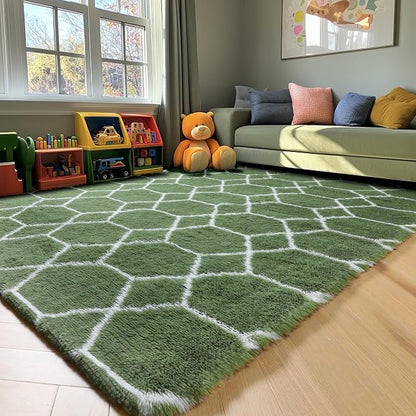 Area Rugs for Bedroom Living Room, 4x6 Fluffy Olive Green and White Rug | - Image 9