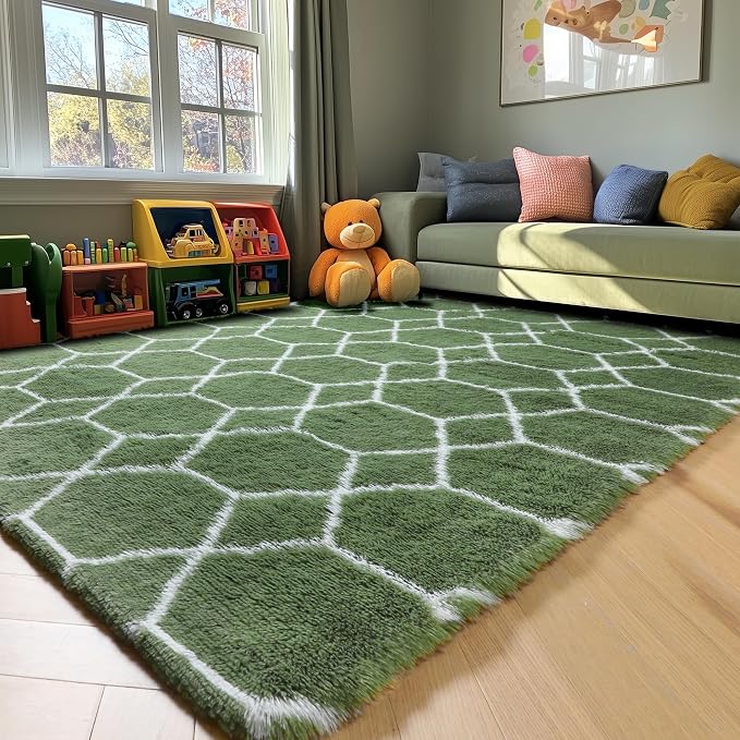5x7 Area Rugs for Living Room Bedroom, Fluffy Olive Green and White Rug | - Image 9