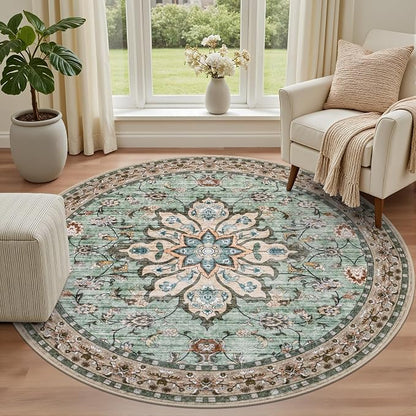 Round Area Rug for Living Room: 6ft Boho Washable Rug Brown Green | Vintage - Image 2