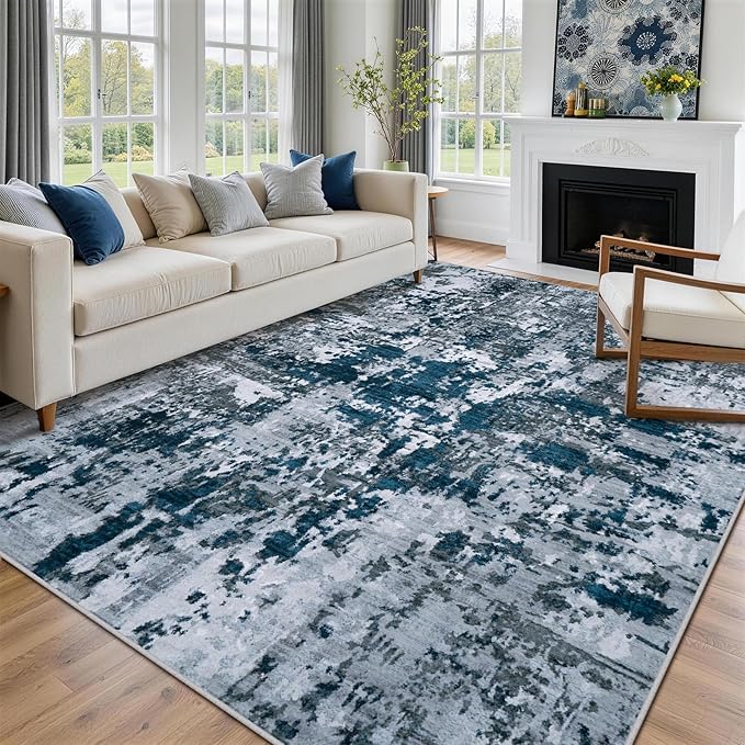 8x10 Area Rugs for Living Room Washable Bedroom Dining Room Navy Grey | Modern - Image 3