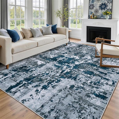8x10 Area Rugs for Living Room Washable Bedroom Dining Room Navy Grey | Modern - Image 3