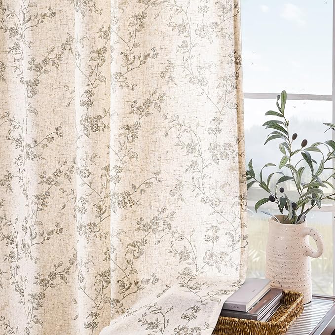 Grey Vintage Floral Linen Curtains Farmhouse 50W X 84L 2 Panels | Elisa Series - Image 8