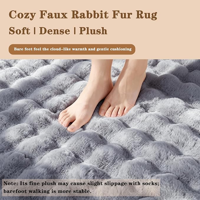 Blue Grey Rabbit Plush Rug 3'x5', Fluffy Shaggy Area Rug - Image 4
