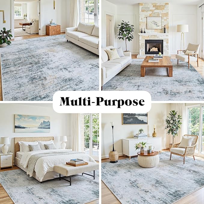 6x9 Washable Area Rug for Living Room Bedroom: Non-Slip Modern Blue Grey | - Image 3