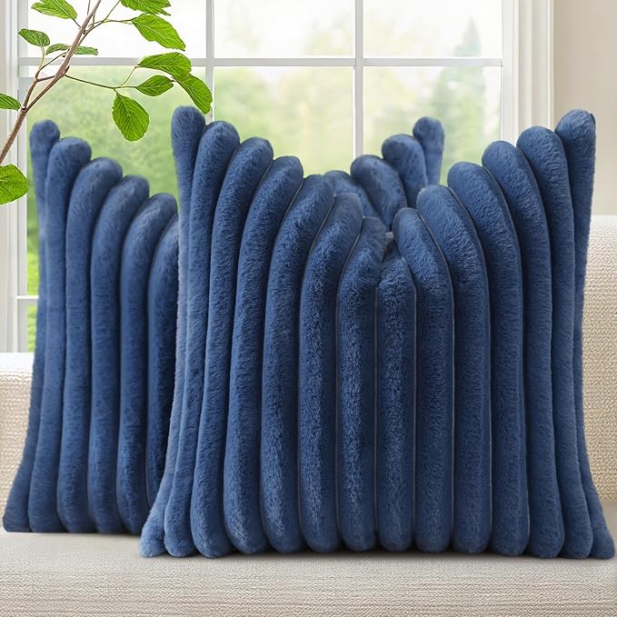 decorUhome Fall Faux Fur Throw Pillow Covers 12x12 Set of 2 Navy Blue | by decorUhome