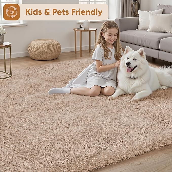 PLHXFR 8x10 Area Rugs Living Room: Fluffy Bedroom Rug Shag Carpet Camel | - Image 4