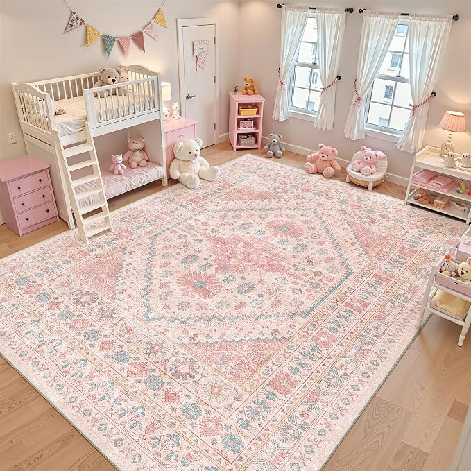 Pink Rugs for Bedroom-9x12 Area Rugs for Living Room, Girls Room | Washable by Zesthome