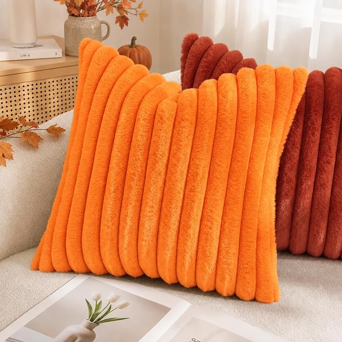 decorUhome Fall Faux Fur Throw Pillow Covers 26x26 Set of 2 Orange | Decorative - Image 6