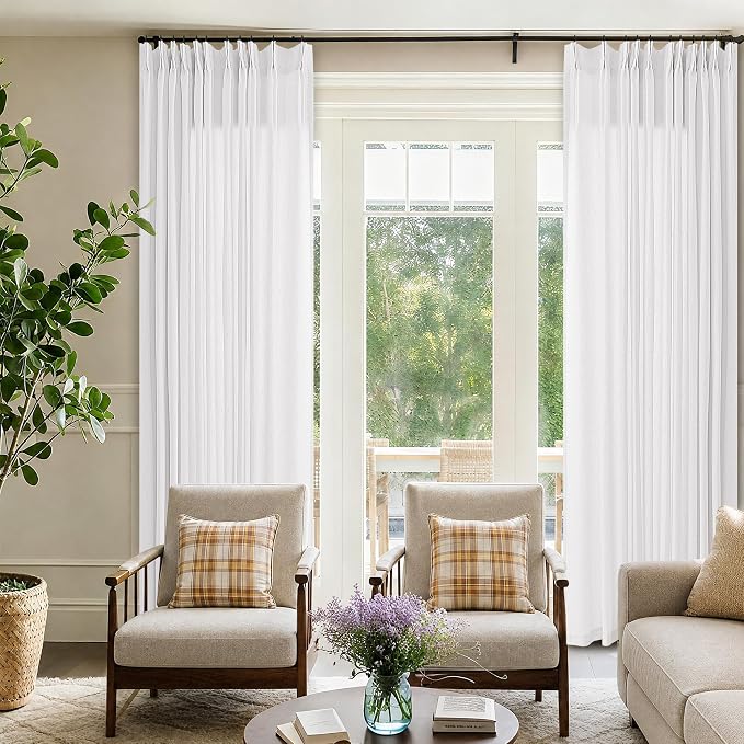 Pinch Pleat Extra Wide 72 x 108 Inch Linen Curtains White Semi Sheer | Light by DUKIYO