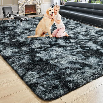 8x10 Extra Large Tie-Dyed Black and Grey Fluffy Area Rug Non-Slip by ModernHomeDecor
