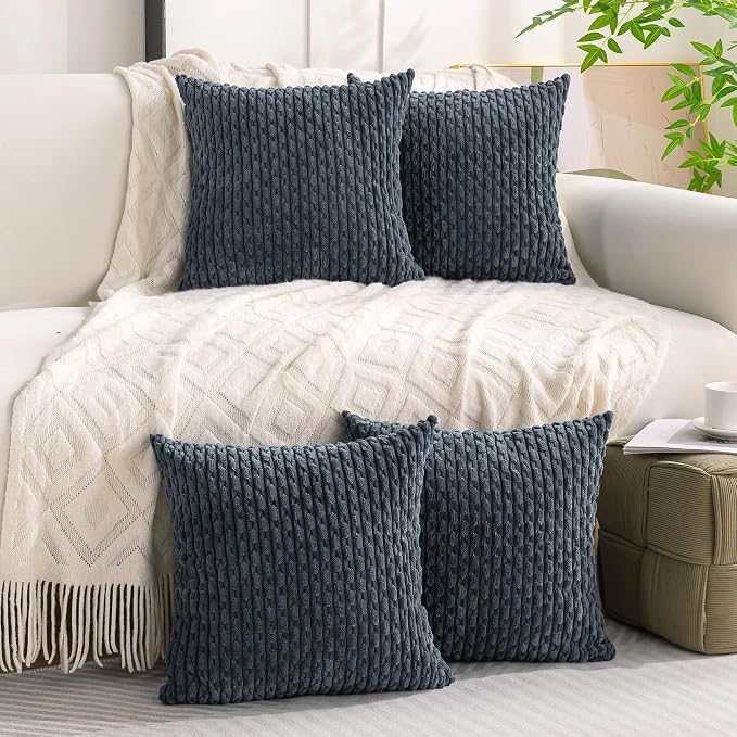 Set of 4 Grey Blue Taupe Decorative Throw Pillow Covers 26x26 Inch Corduroy - Image 2