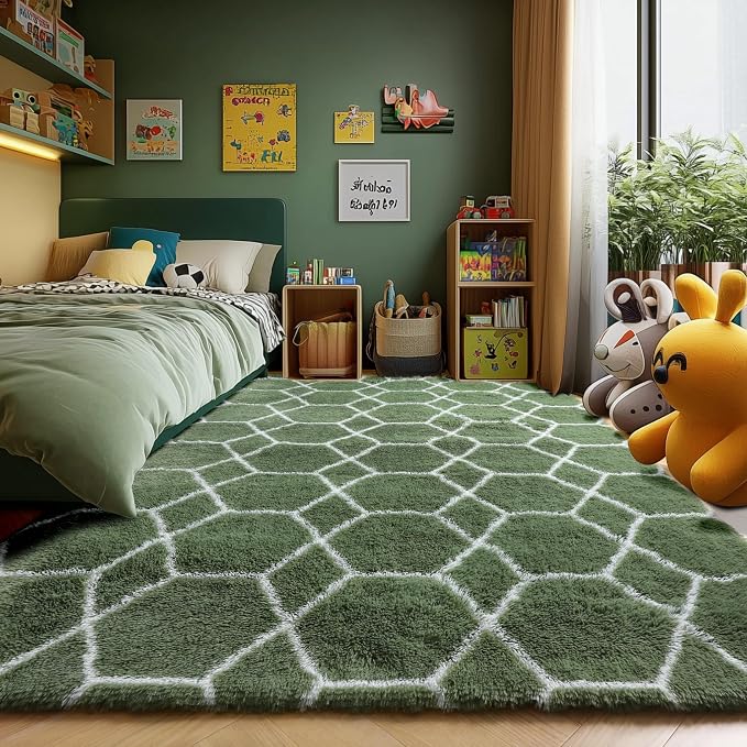 Area Rugs for Bedroom Living Room, 4x6 Fluffy Olive Green and White Rug | - Image 6