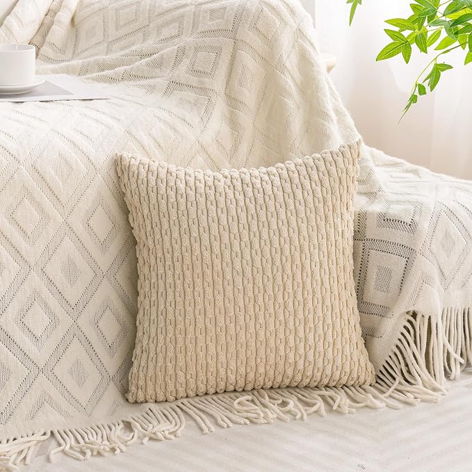Set of 4 Beige Brown Coffee Decorative Throw Pillow Covers 20x20 Inch Corduroy - Image 6
