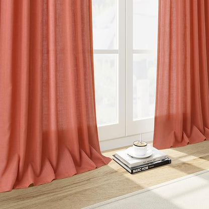 Coral Linen Curtains 90 Inch Length 2 Panel Set Back Tab Rod Pocket Semi Sheer - Image 6