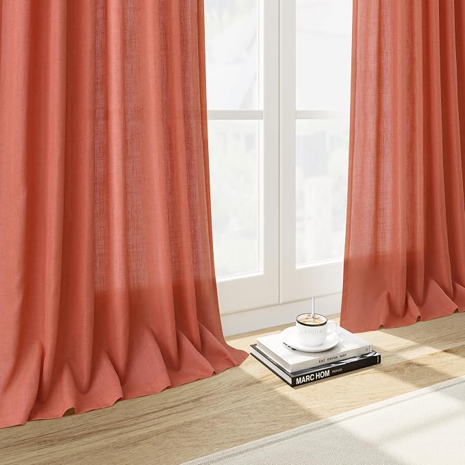 Coral Linen Curtains 102 Inches Long 2 Panel Set Back Tab Rod Pocket Semi Sheer - Image 6