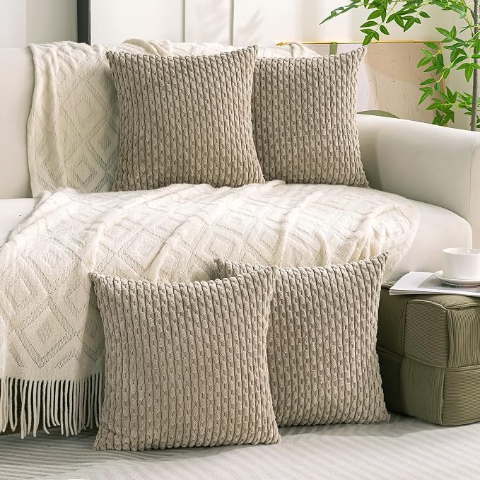 Set of 4 Taupe Decorative Throw Pillow Covers 20x20 Inch Corduroy Pillow Covers - Image 9