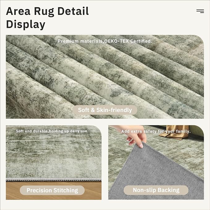 Soalmost Abstract Rug 8x10 Large Living Room Area Rugs Washable Green Black | - Image 6