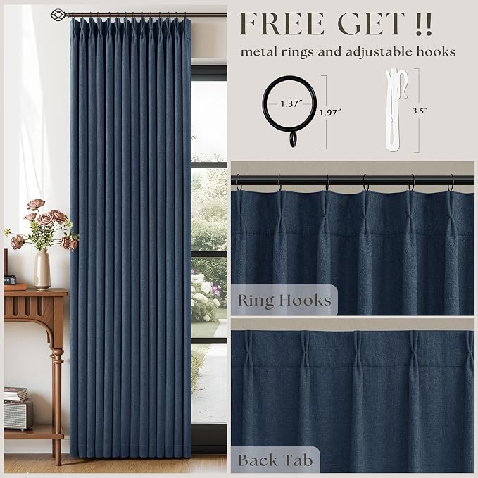 Navy Blue Linen Blackout Pinch Pleated Double Layer Curtains 90 Inches Long | - Image 4