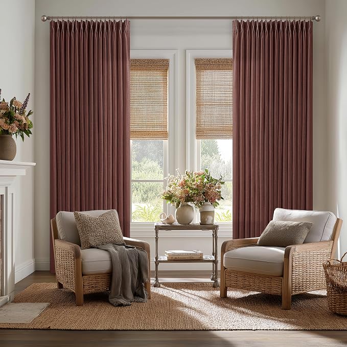 Pinch Pleated Curtains 90 Inch Long Thick Linen Rust Brown Semi Sheer Curtain - Image 8