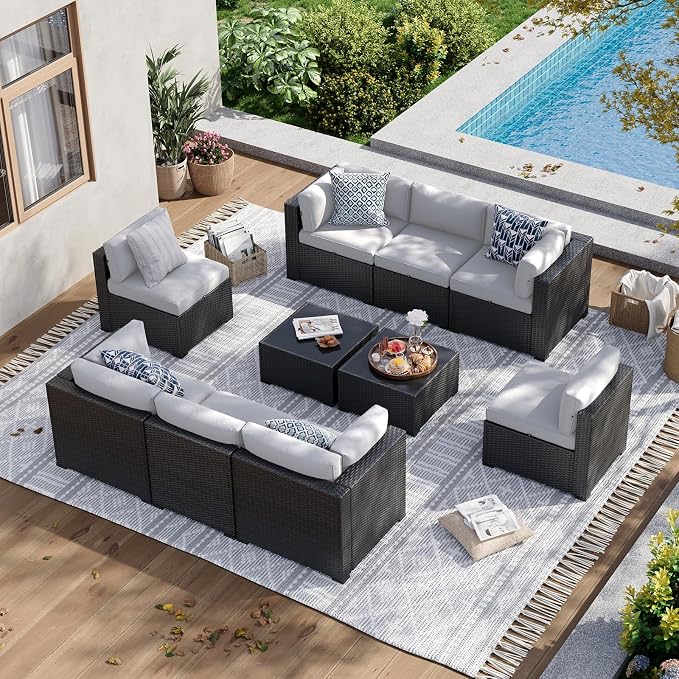 Aoxun 10 Piece Patio Furniture Set Wicker Rattan Patio Sectional Sofa Set by Aoxun