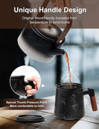 suyika Ceramic Tea Cup with Infuser and Lid, Gradient Embossed Large Tea Mug Wooden Handle for Steeping Loose Leaf, Tea Lover Gifts 15.2 oz / 450 ml,Matte Black