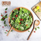 Luxe Designs Wooden Salad Bowl Set - Food Safe & Sustainable Decorative Bowl - Wood Bowl for Fruits, & Salads - Easy to Clean Large Salad Bowls Set w/Spoon, Fork – Wooden Bowls for Food (Natural)