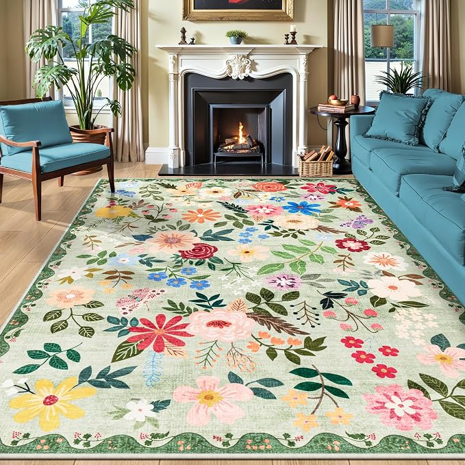 PLHXFR Area Rug 10x12 Living Room: Floral Washable Boho Soft Carpet Green | by PLHXFRSoftAreaRugs