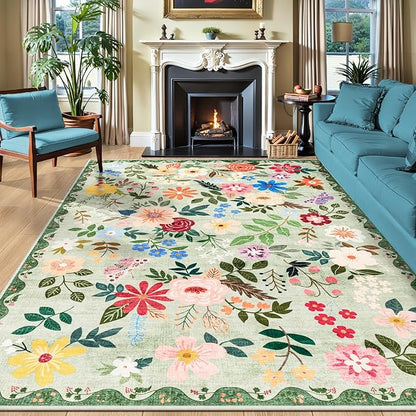 PLHXFR Area Rug 9x12 Living Room: Floral Washable Boho Soft Carpet Green | by PLHXFRSoftAreaRugs