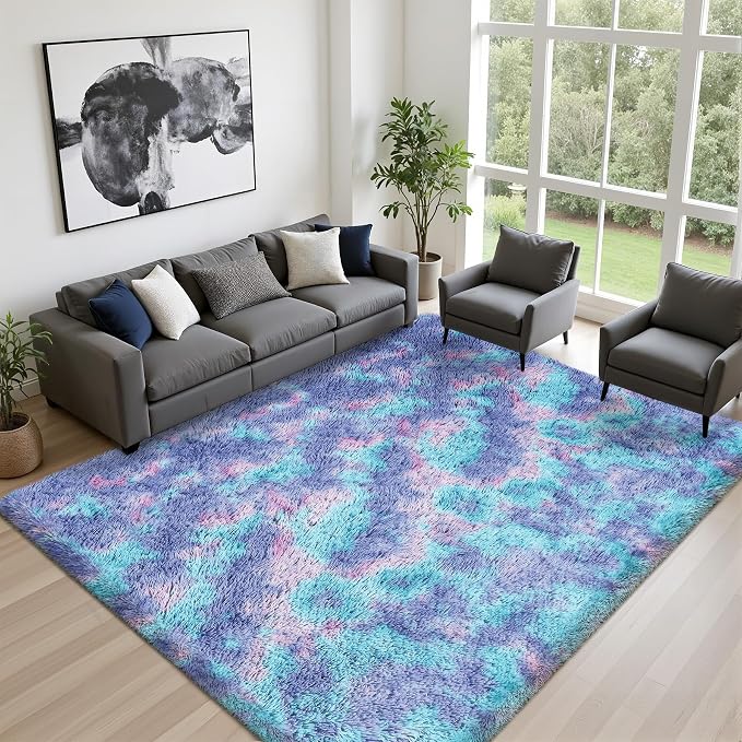 9x12 Area Rug Living Room Bedroom: Fluffy Plush Shag Carpet Rainbow - Image 2