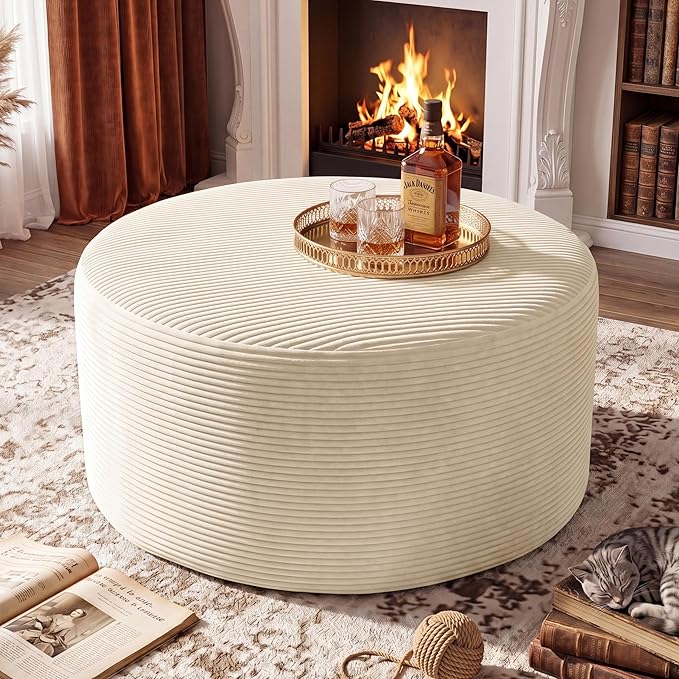 BSHOMGI Round Ottoman, Corduroy Ottomans Foot Stool, 27.5" Pouf Footstool - Image 7