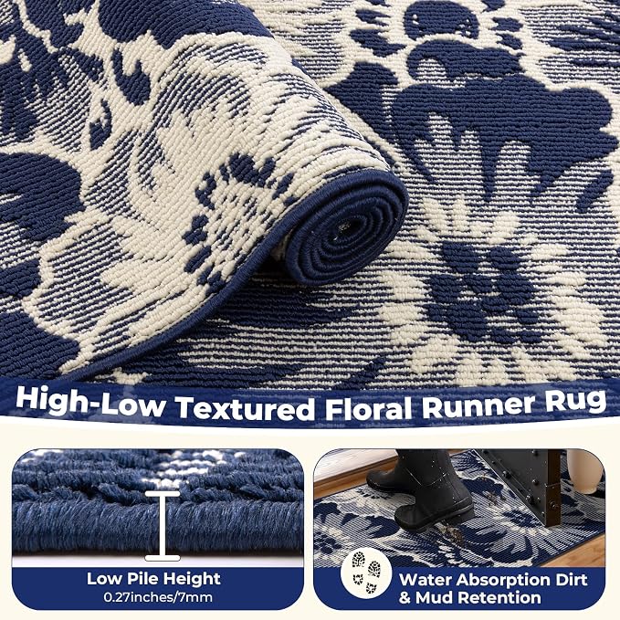 Findosom Hallway Runner Rug 2x10, Non Slip High-Low Textured Floral Washable - Image 5