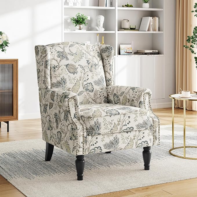 Floral Print Wingback Accent Chair, Retro Modern Farmhouse Armchair by PiaRicco