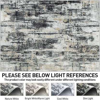 5x7 Area Rugs for Living Room: Washable Abstract Black Grey Gold Carpet | - Image 7