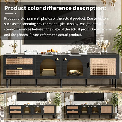 Merax Rattan TV Stand with LED Lights, Solid Wood Feet, Living Room, Bedroom - Image 8