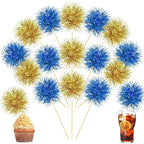 Chinco 100 Pcs Foil Firework Cupcake Toppers Sparkle Tinsel Cake Toppers Cake Decoration Cocktail Fruit Toothpick for Birthday Wedding Graduation Party(Blue, Gold)