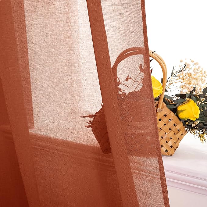 MIULEE Boho Fall Terracotta Linen Textured Sheer Curtains 42W×84L 2 Panels | - Image 5