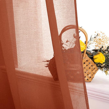 MIULEE Boho Fall Terracotta Linen Textured Sheer Curtains 42W×84L 2 Panels | - Image 5