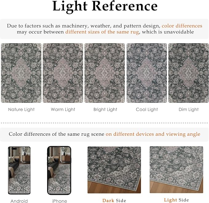8x10 Black Grey Retro Floral Washable Area Rug - Image 6