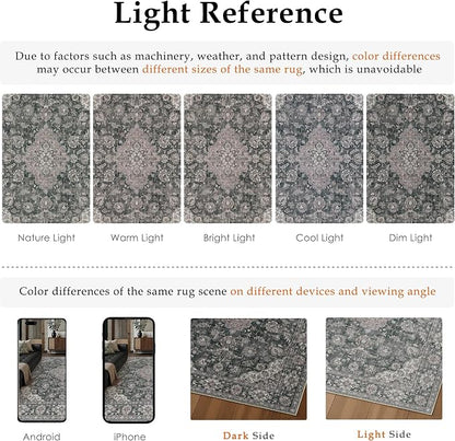 6x9 Black Grey Retro Floral Washable Area Rug - Image 6