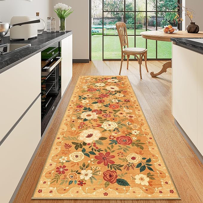 DUKINO 2x10 Runner Rug, Floral Washable Kitchen Runner Rug Non Slip, Low Pile by DUKINO